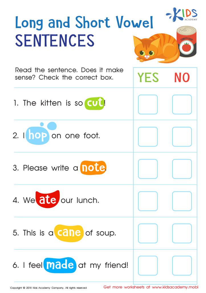 Long And Short Vowel Sentences Assessment Worksheet Assessment 1 Free Printable PDF For Kids
