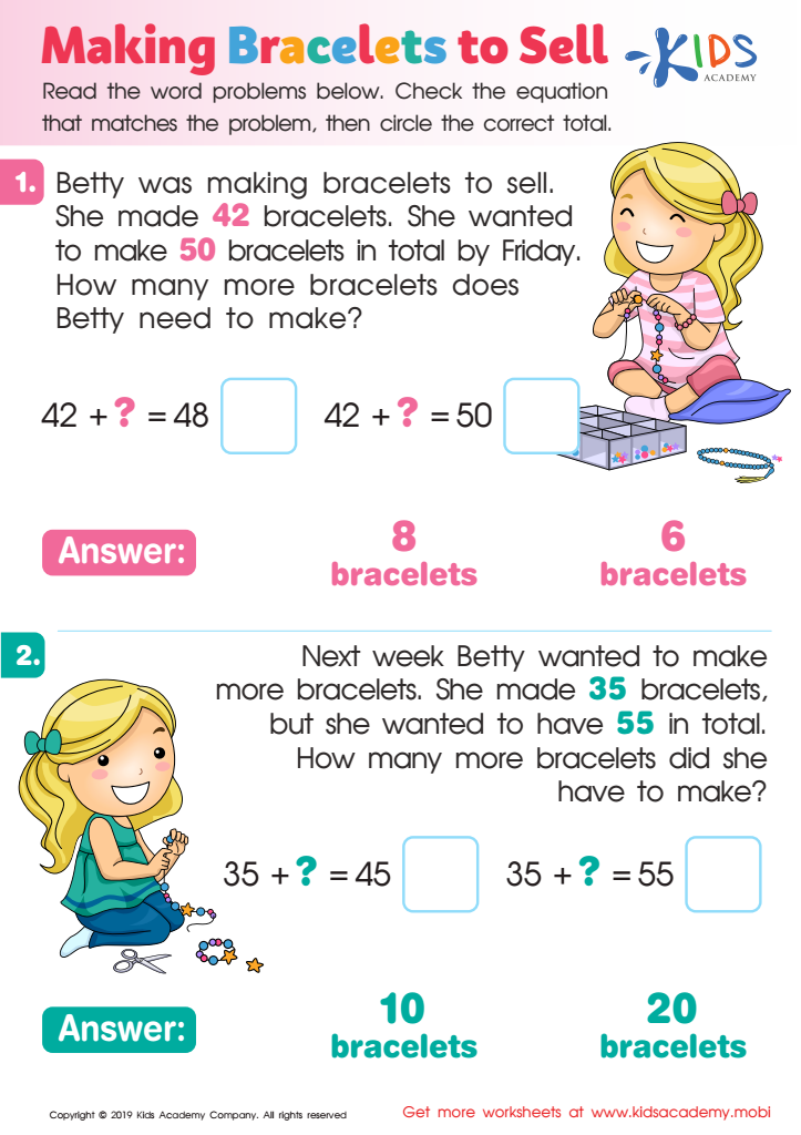 Making Bracelets to Sell Worksheet for kids