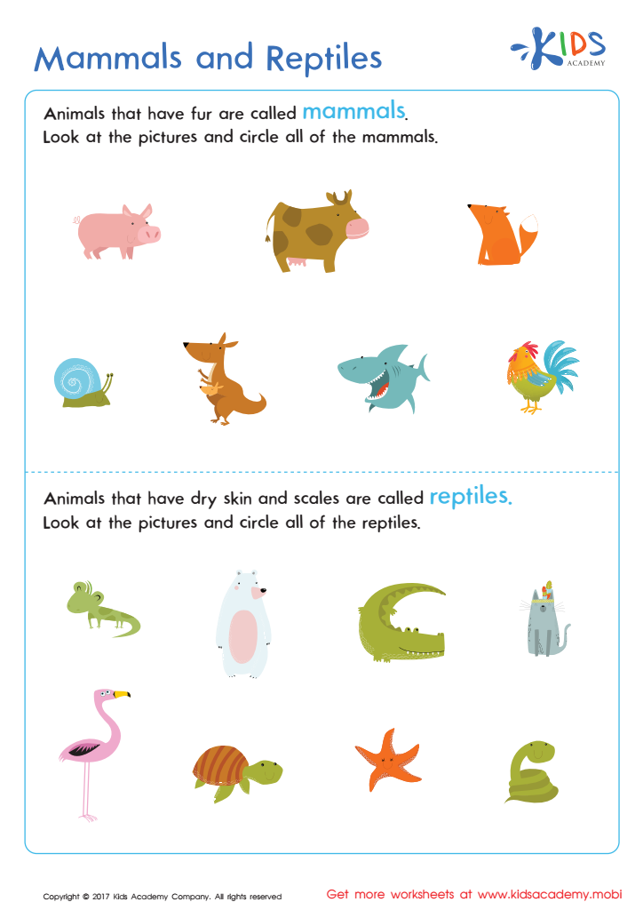 Mammals and Reptiles Worksheet: Free Animal Printable PDF for Kids