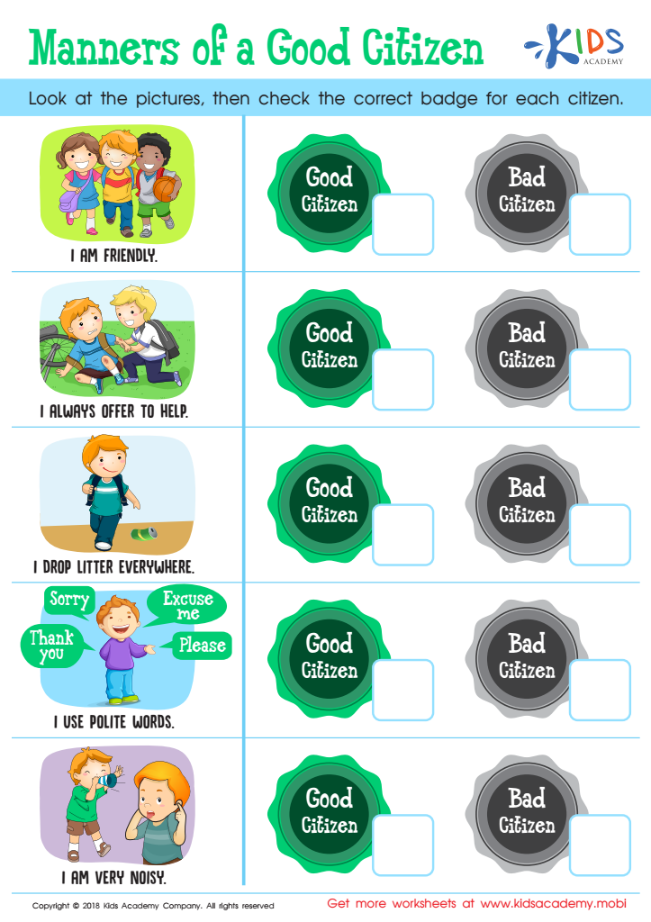 Manners of a Good Citizen Worksheet: Printable PDF for Kids