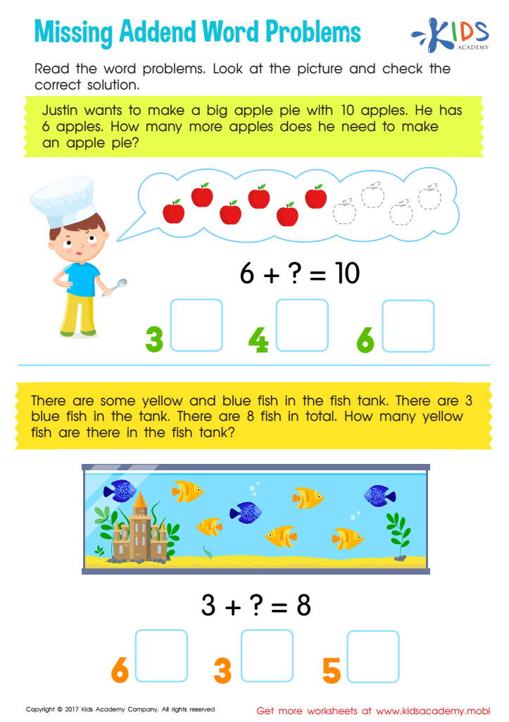 Missing Addend Word Problems Worksheet Free Printout For Children 