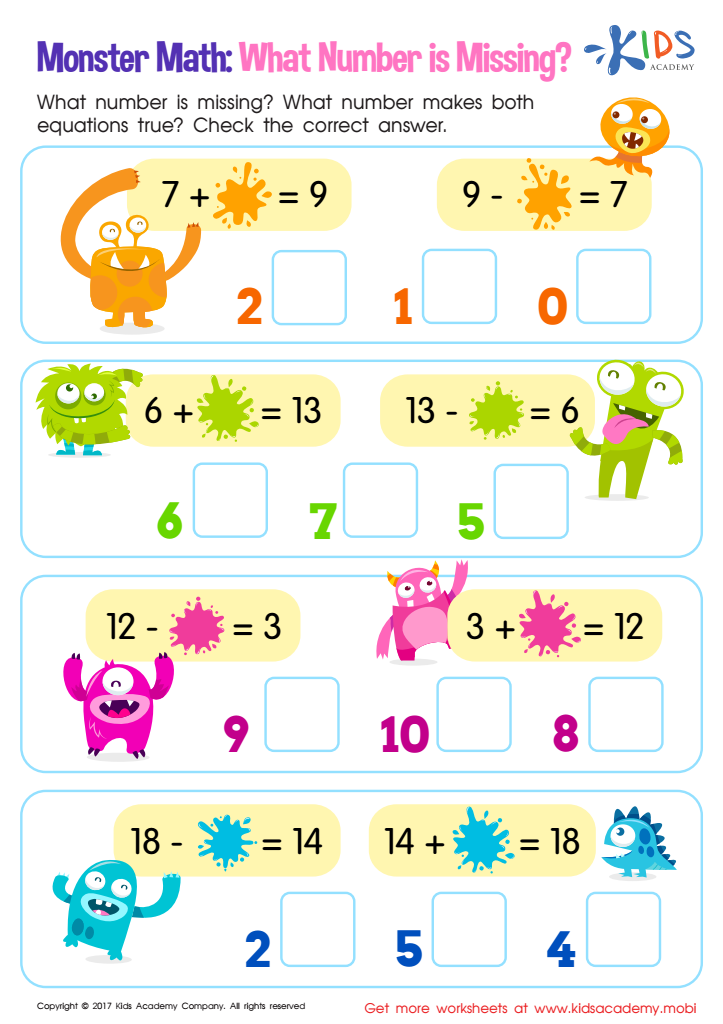 Monster Math Worksheet Free Missing Number Printable For Kids Answers And Completion Rate