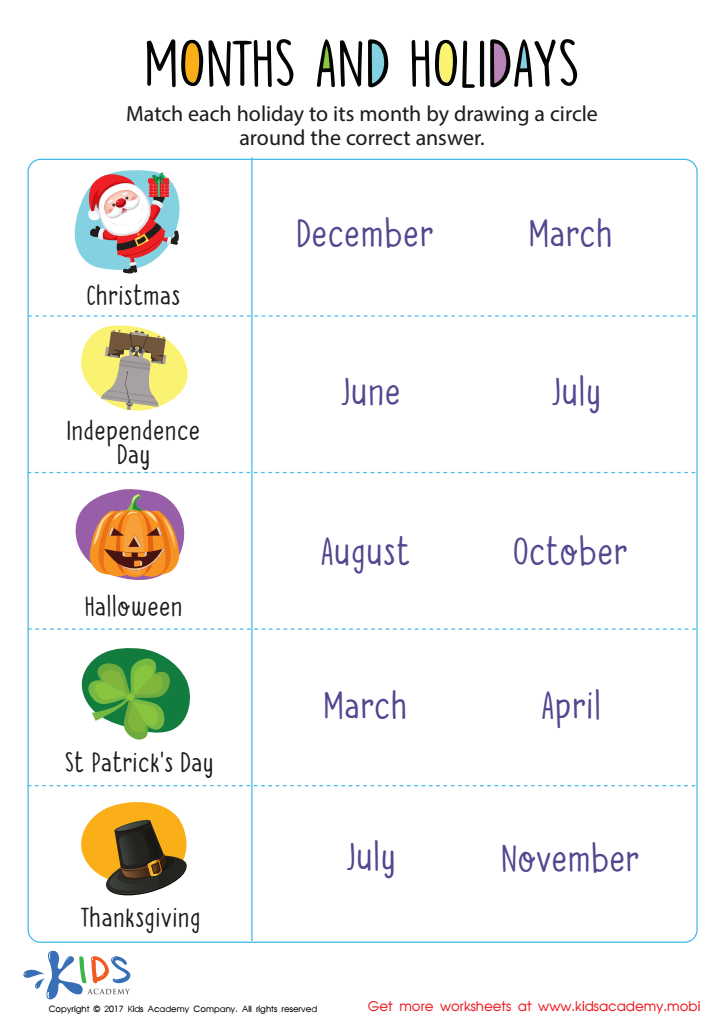Month and holidays PDF worksheet