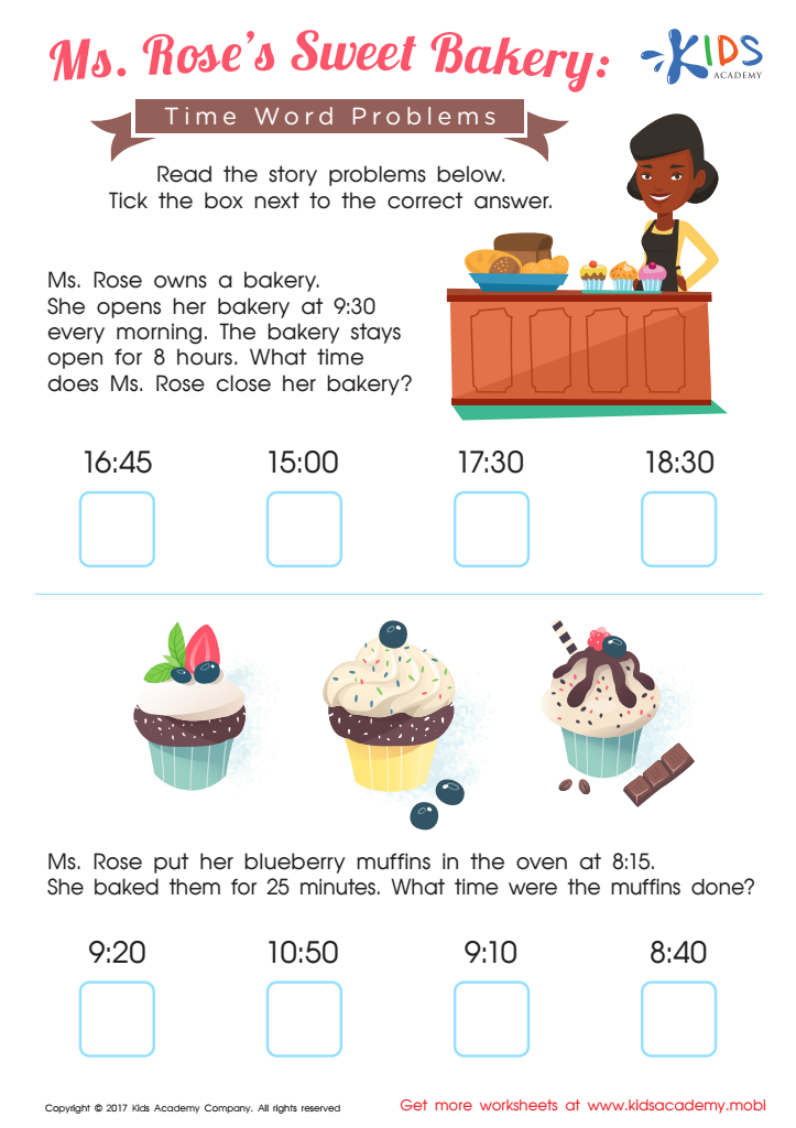 Time word problems worksheet: sweet bakery