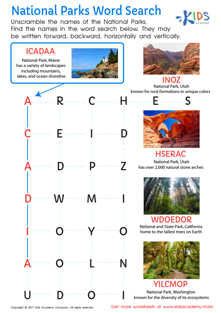 National Parks word search worksheet