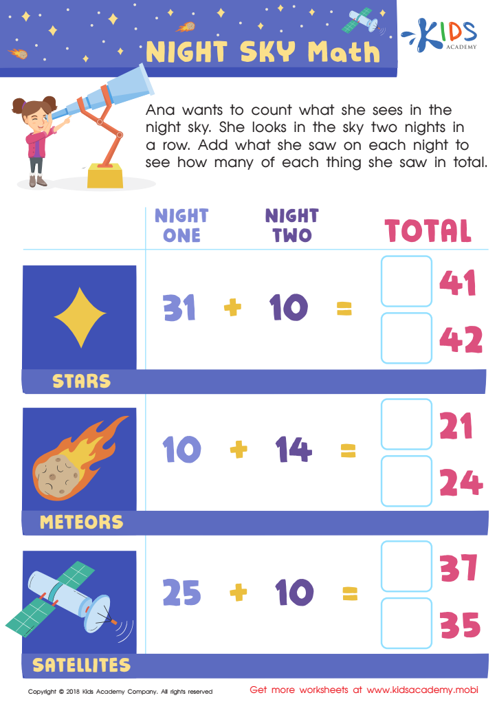 Night Sky Math Worksheet For Kids Answers And Completion Rate