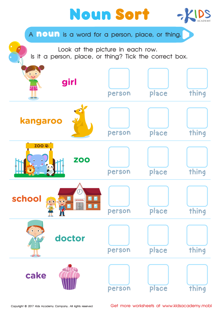 Noun Sort Printable Grammar Worksheet For Kids