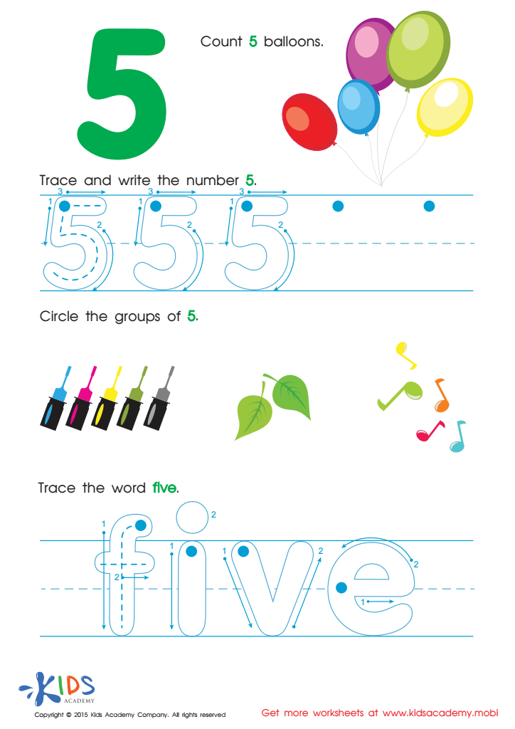 Learning Numbers Worksheets: Practice Writing Number 5 PDF