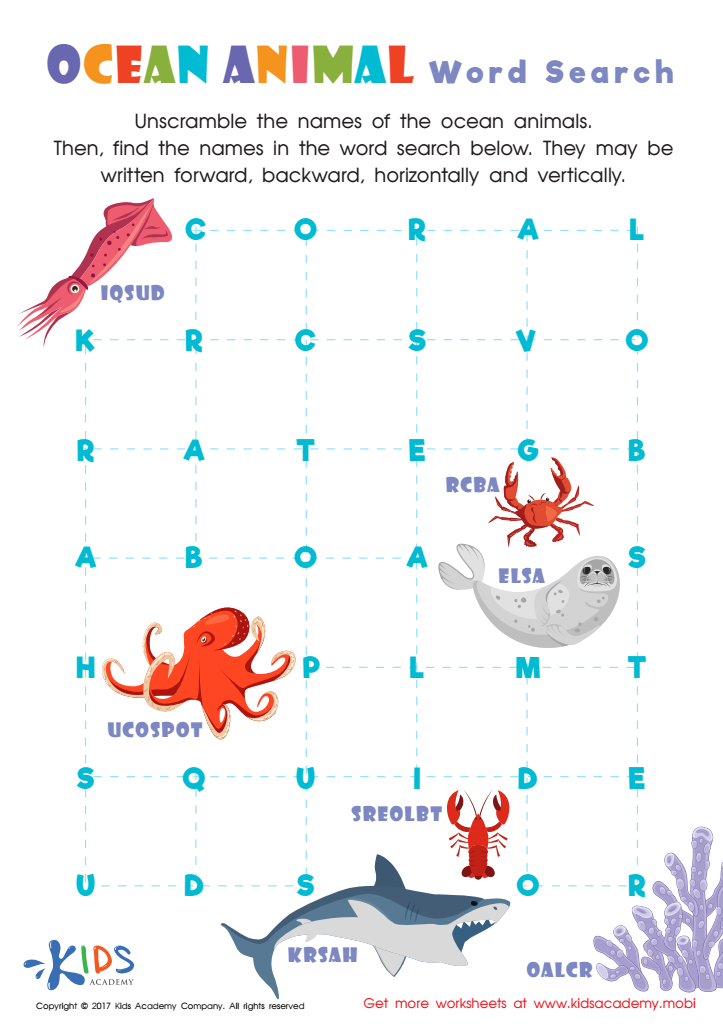 Ocean Animals Word Search Printable: Free Printout for Kids
