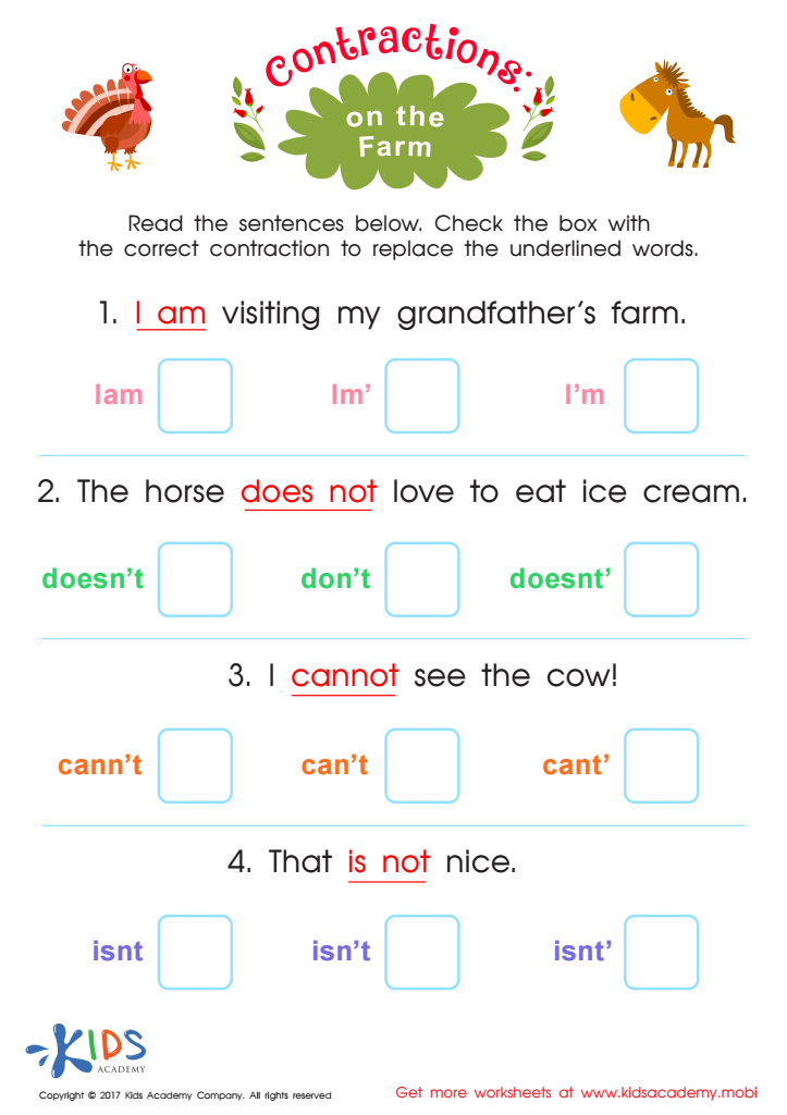 Contraction worksheet: On the Farm
