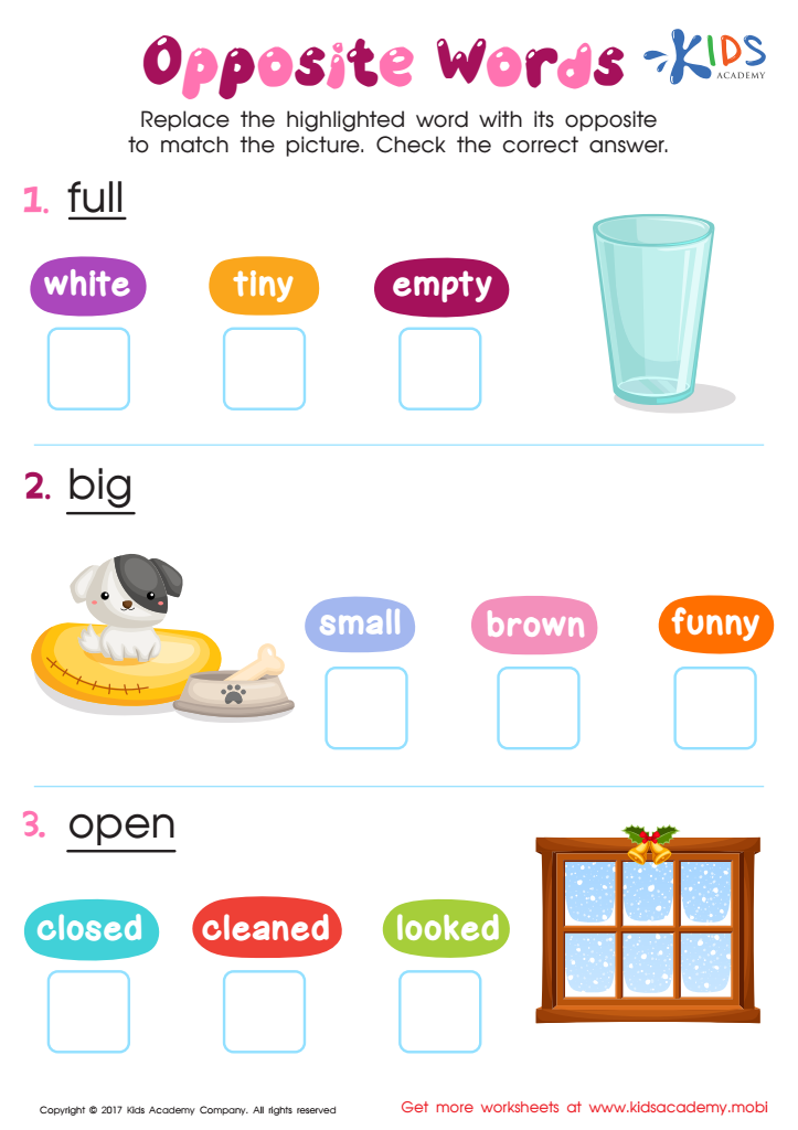 opposite words worksheet free printout for children