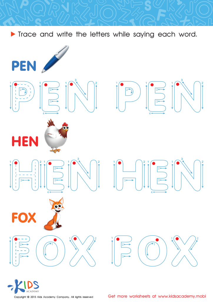 Spelling PDF Worksheets: A Pen, a Hen and a Fox