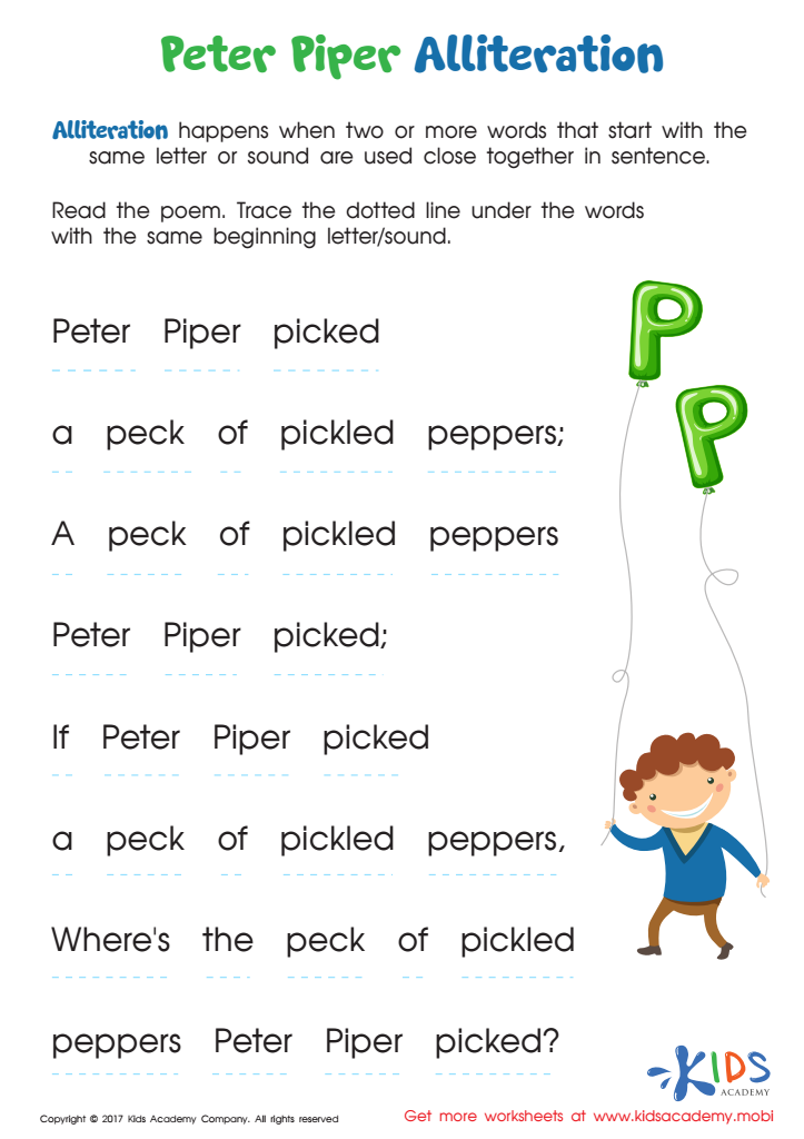 Peter Piper Alliteration Worksheet: Free Printable PDF for Kids