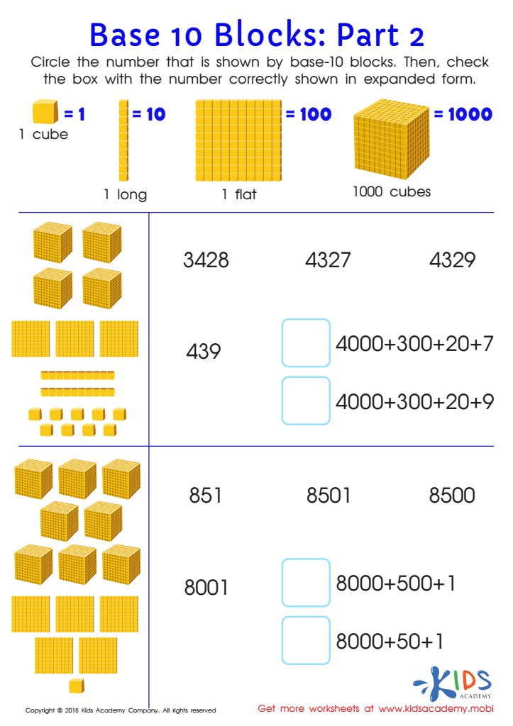 Base 10 Blocks Worksheet: Part 2