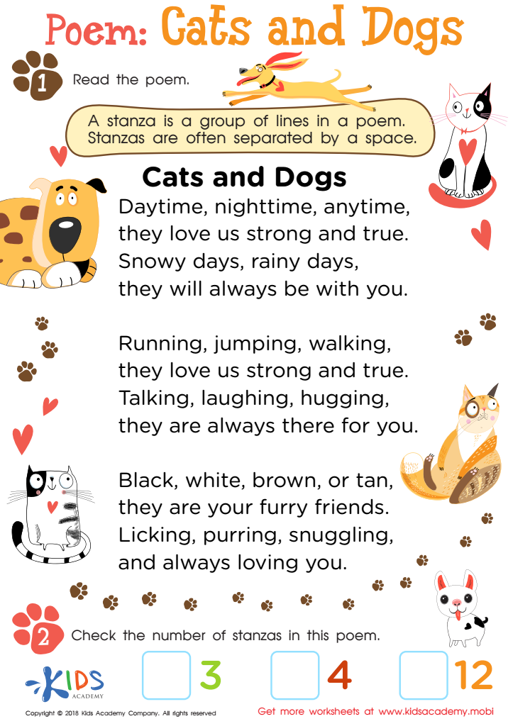 Poem: Cats and Dogs Worksheet for kids