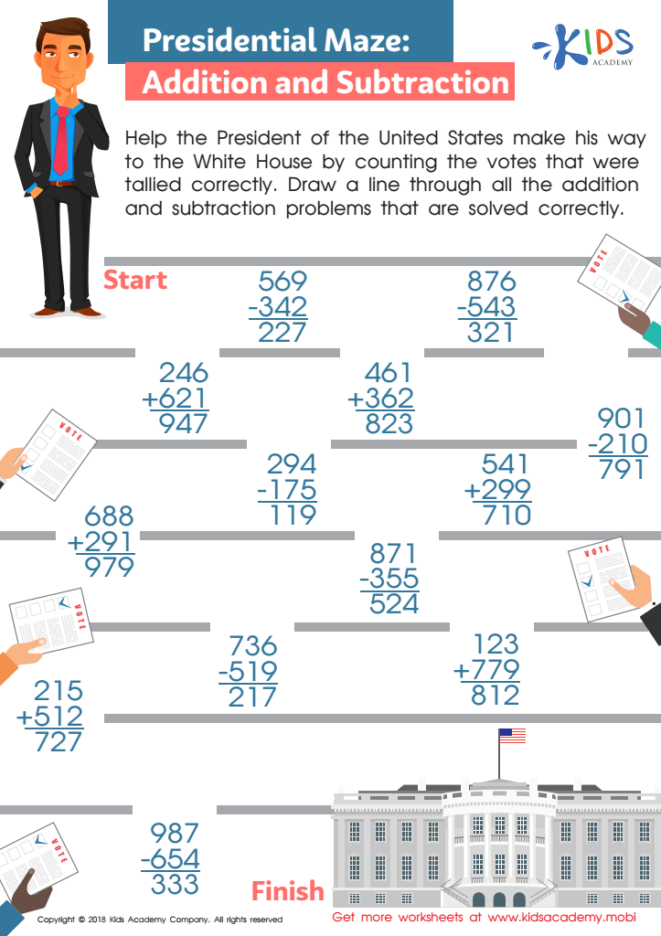 Presidential Maze: Addition and Subtraction Worksheet
