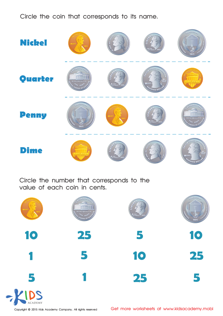 Printable Money Games and PDF Worksheets: Coin Names and Values