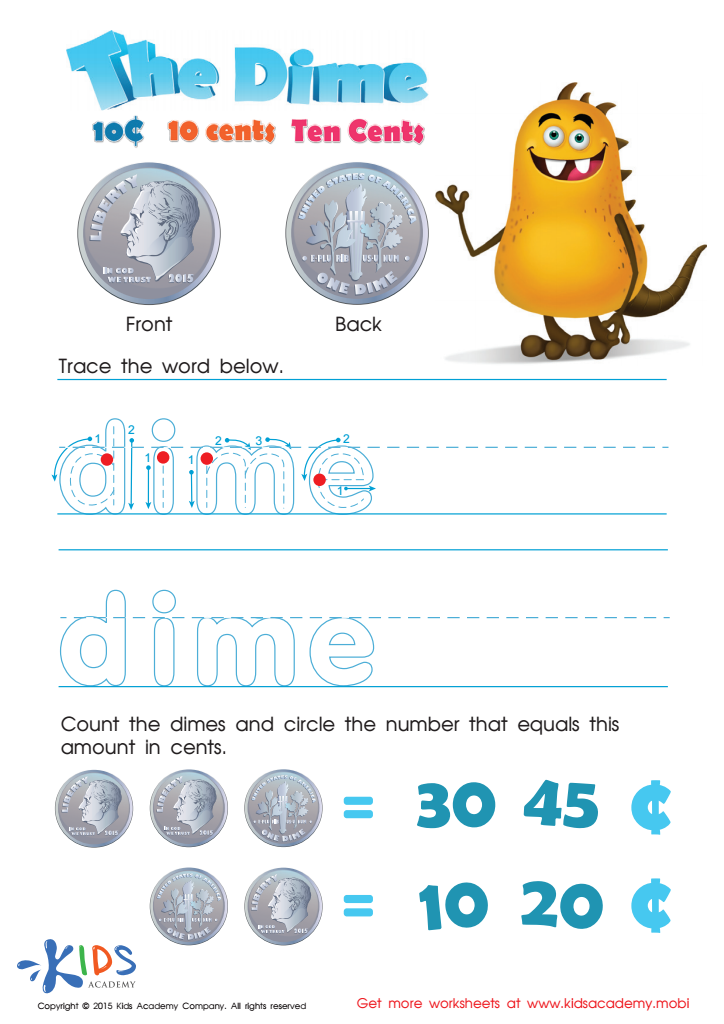 Printable Money Games and PDF Worksheets: Ten Cents or the Dime