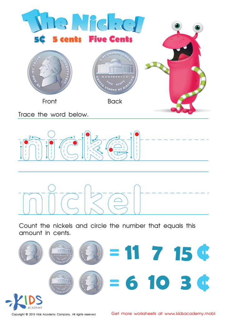 Printable Money Games and PDF Worksheets: Five Cents or the Nickel