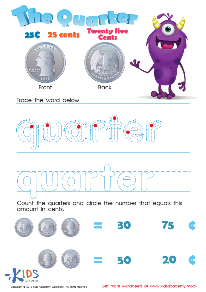 Printable Money Games and PDF Worksheets: Twenty Five Cents or the Quarter