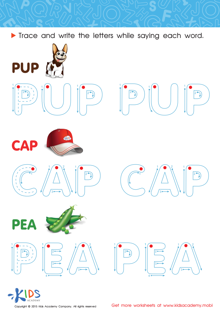 Spelling PDF Worksheets: A Pup, a Cap and a Pea