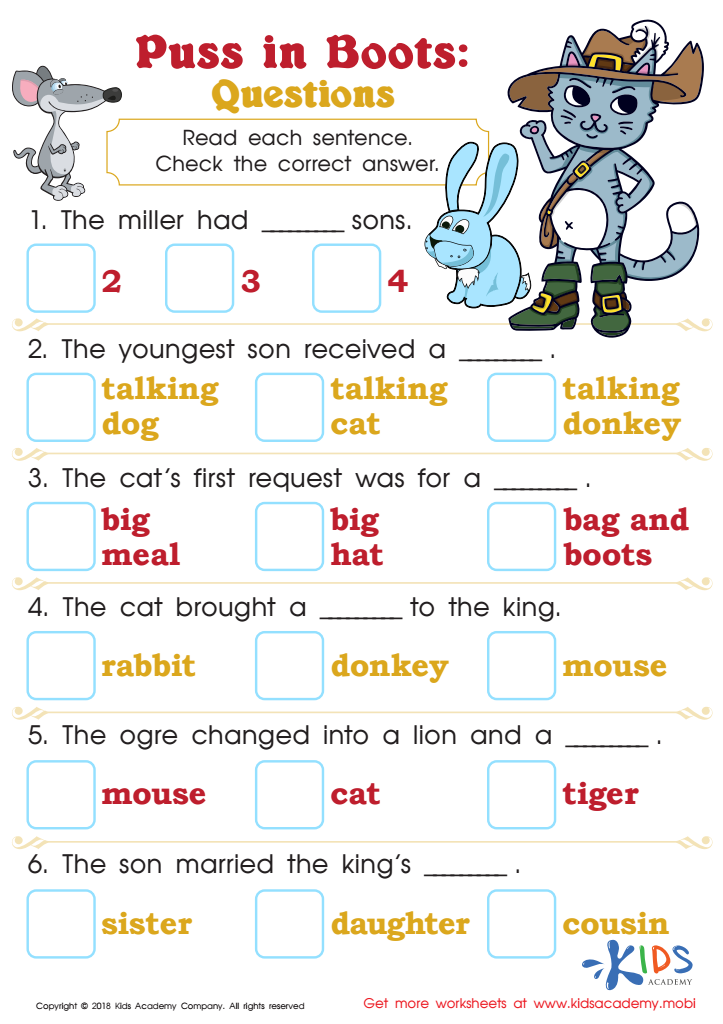 Puss in Boots: Questions Worksheet