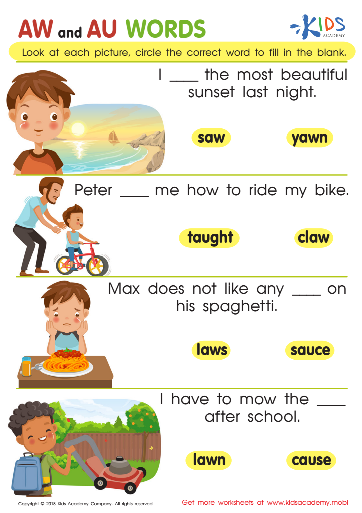 Reading: AW and AU Words Worksheet for kids