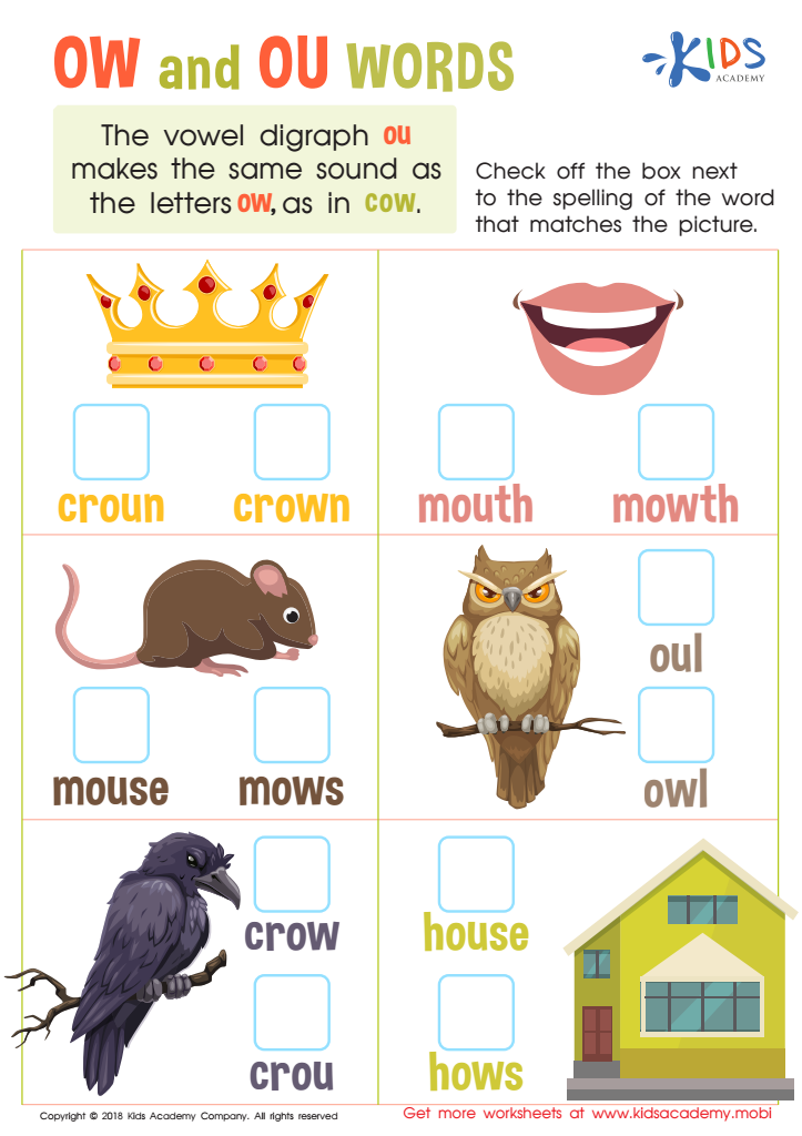 Reading: OW and OU Words Worksheet for kids