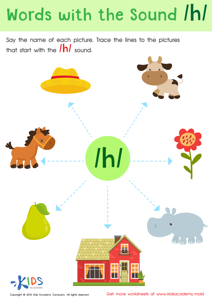 Words with sound h Worksheet: Free Reading Printable PDF for Kids