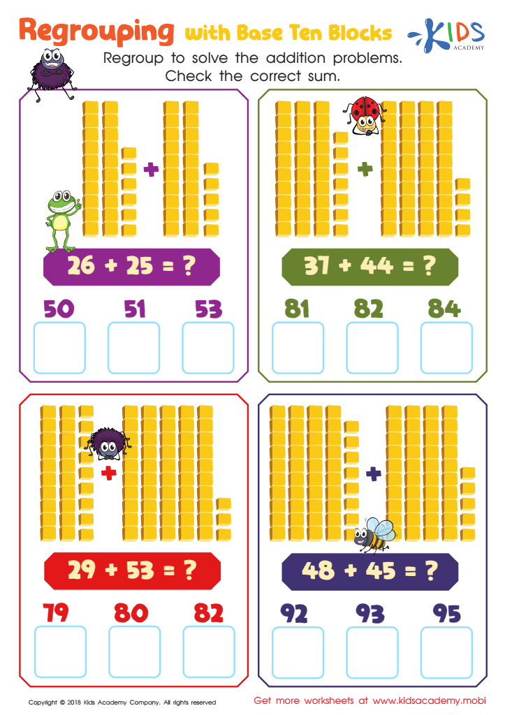 addition with regrouping using base ten blocks worksheets