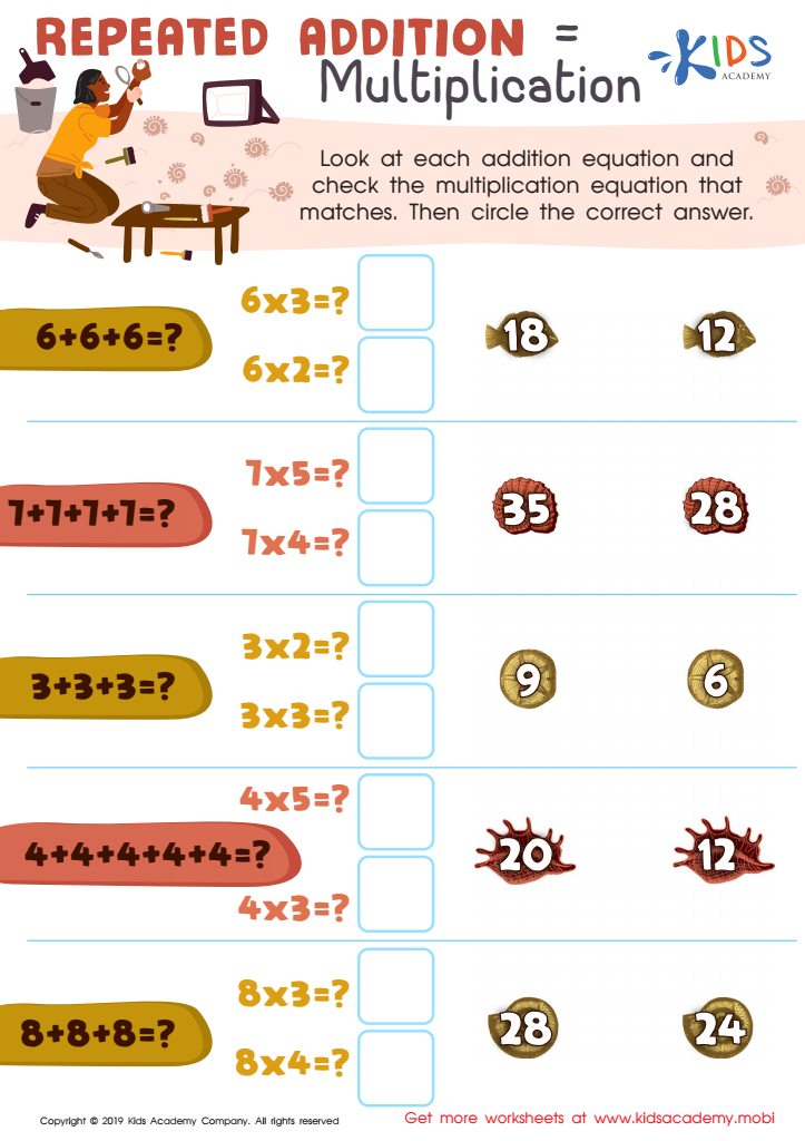 Repeated Addition Multiplication Worksheet For Kids