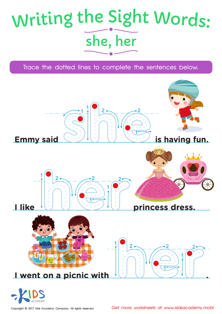 Sight Word Tracing Worksheet: She, Her