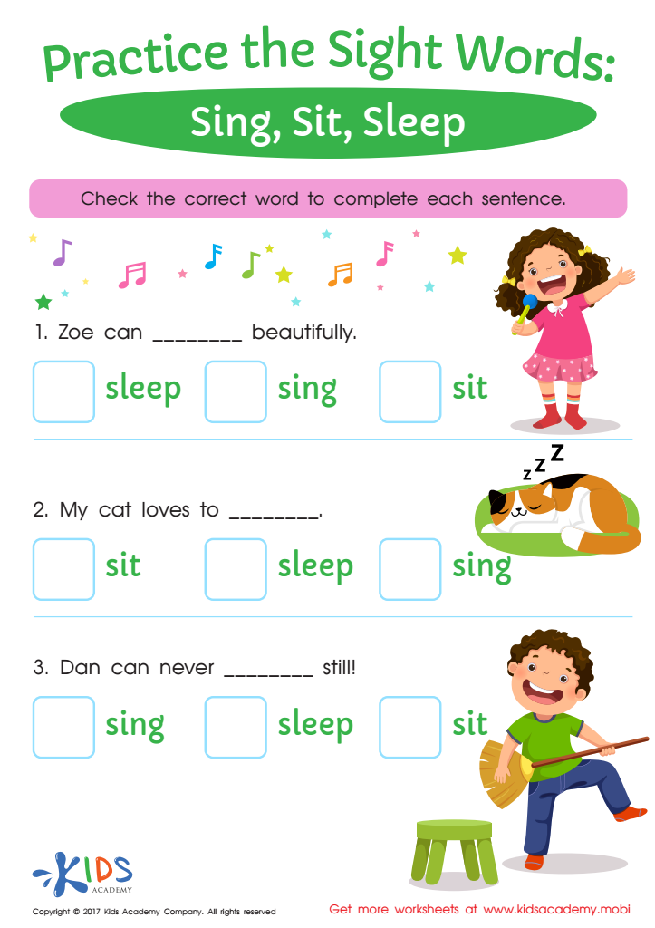 Sight words printable worksheet- sing, sit, sleep