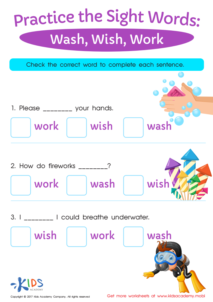 Sight words printable worksheet, wash, wish, work
