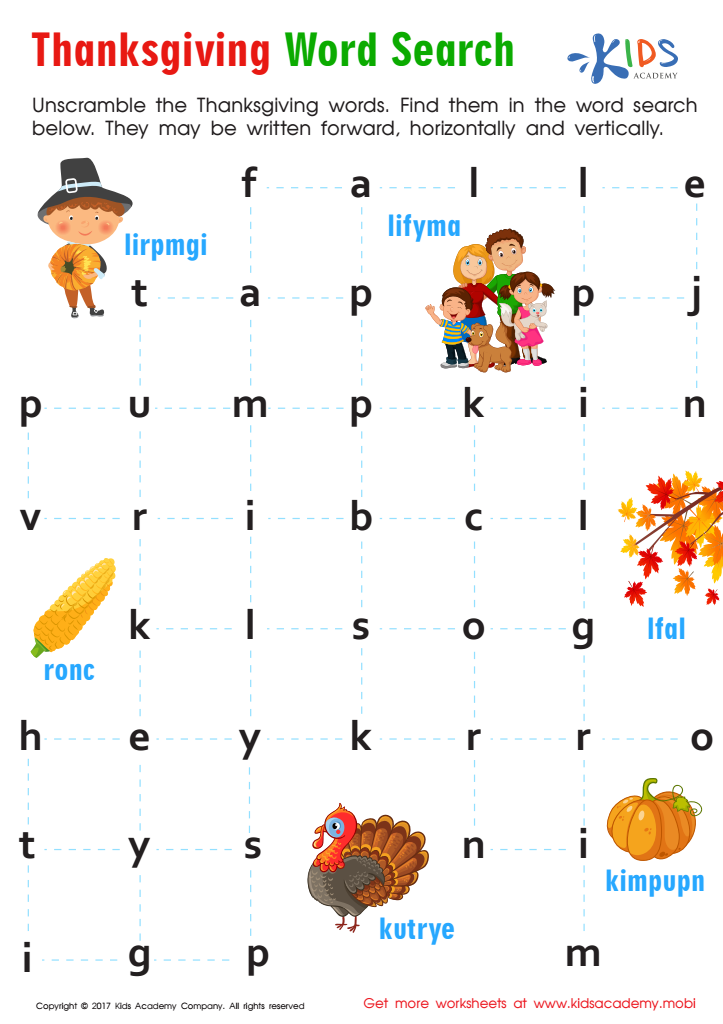 Sight words worksheet: Thanksgiving word search