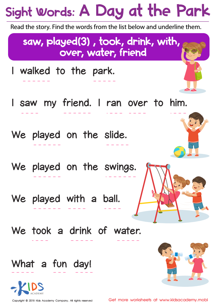 Sight Words A Day At The Park Worksheet For Kids