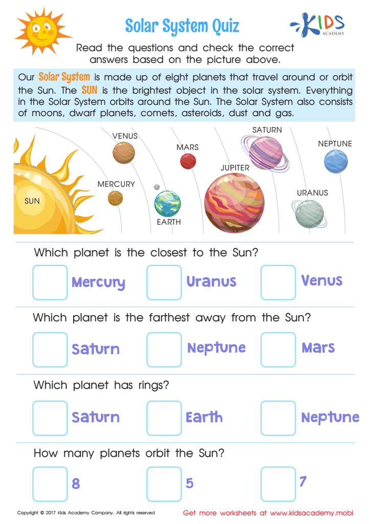Solar System Quiz Printable: Downloadable Worksheet for Kids