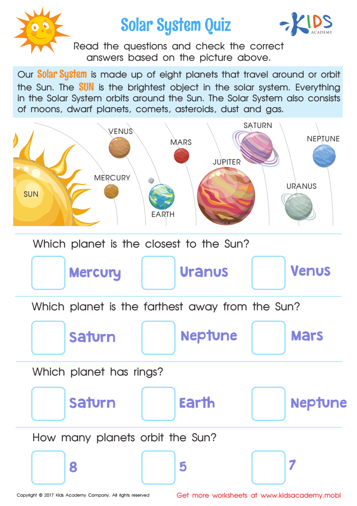 Solar System Quiz Printable Downloadable Worksheet For Kids