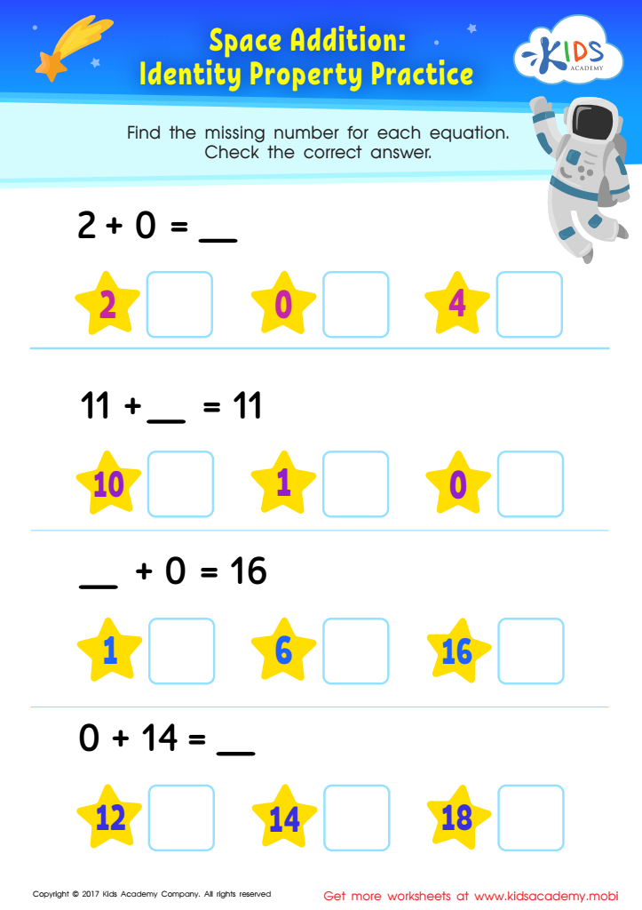 Identity Property Practice Worksheet Space Addition Free Printable For Kids