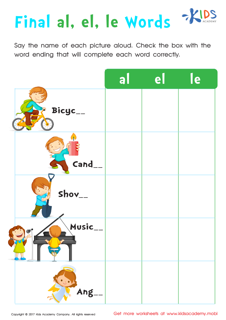 Worksheet: Spelling Words Ending with -le, -el and -al