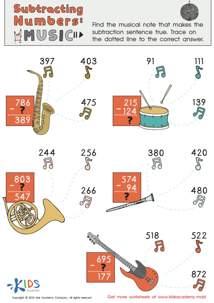 Subtracting Numbers: Music Worksheet