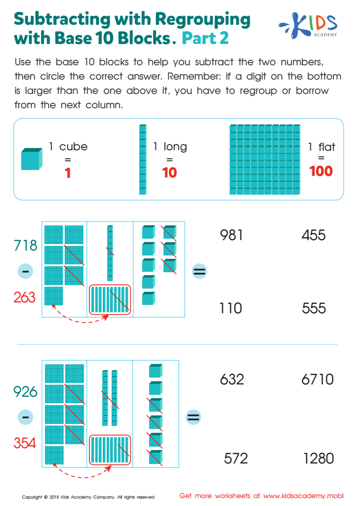 Subtracting with Regrouping with Base 10 Blocks. Part 2 Worksheet