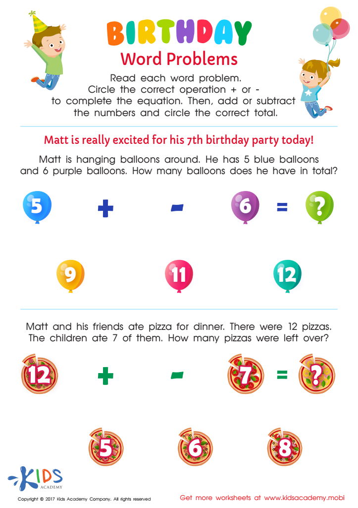 Subtraction worksheet: Birthday Word Problems