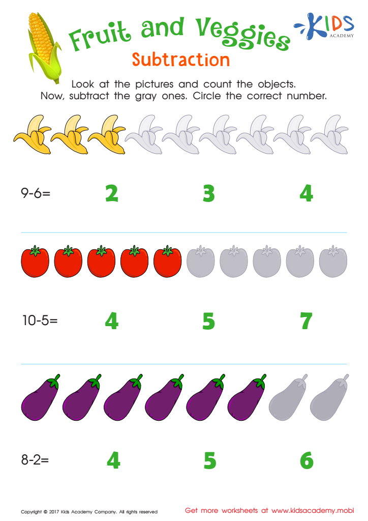 Subtraction printable worksheet: fruit and veggies