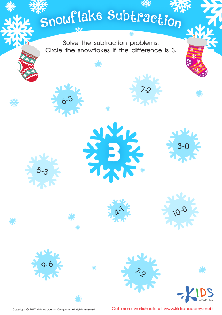 Subtraction printable worksheet: snowflake