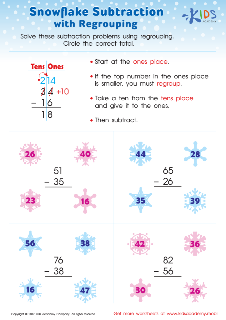 Subtraction with regrouping worksheet: Snowflake