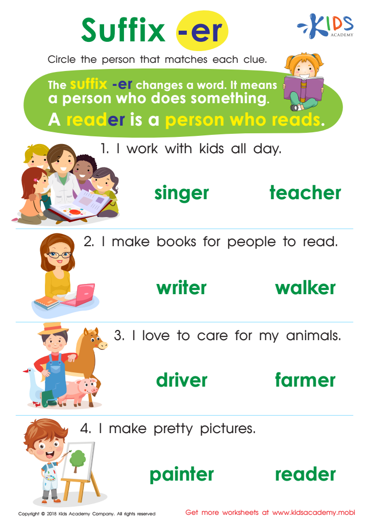 Practice Suffix –er Printable Worksheet: Test Results, Check Answer &  Solution