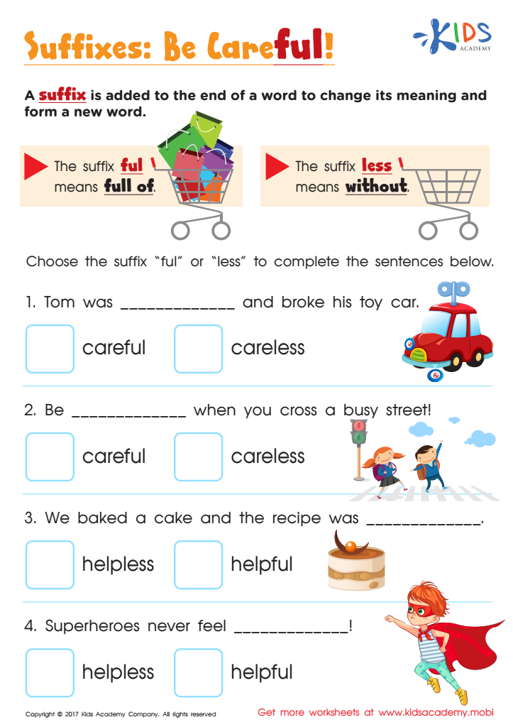 Suffixes ful and less worksheet