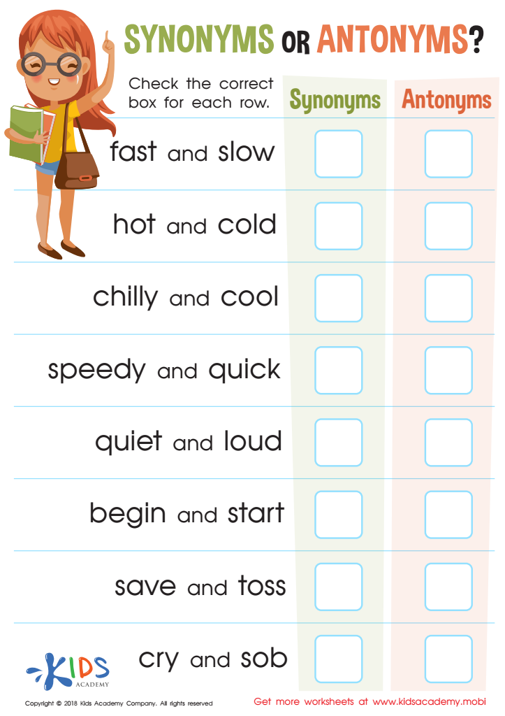 Synonyms Or Antonyms: Assessment Worksheet For Kids