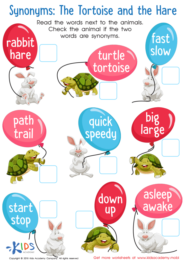 Synonyms: The Tortoise and Hare Worksheet for kids
